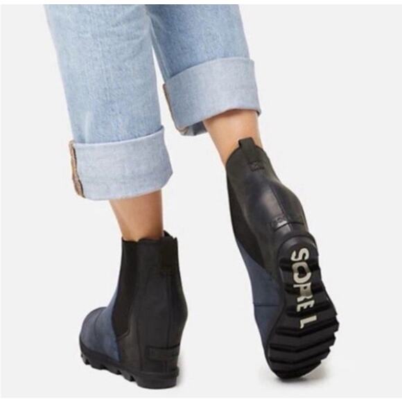 SOREL Waterproof Sz 8 Black Distressed Leather Whimsigoth Grunge Wedge Booots - Picture 2 of 12